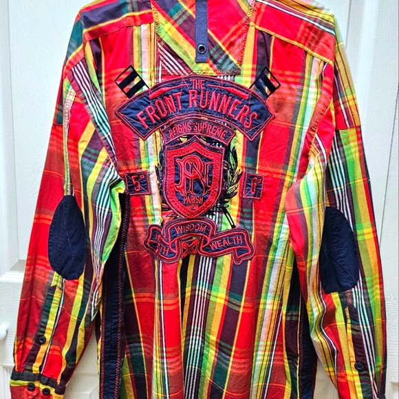 Parish Nation Powerhouse Front Runners Men's Flannel Shirt 2XL Red Plaid Patches - Picture 7 of 13